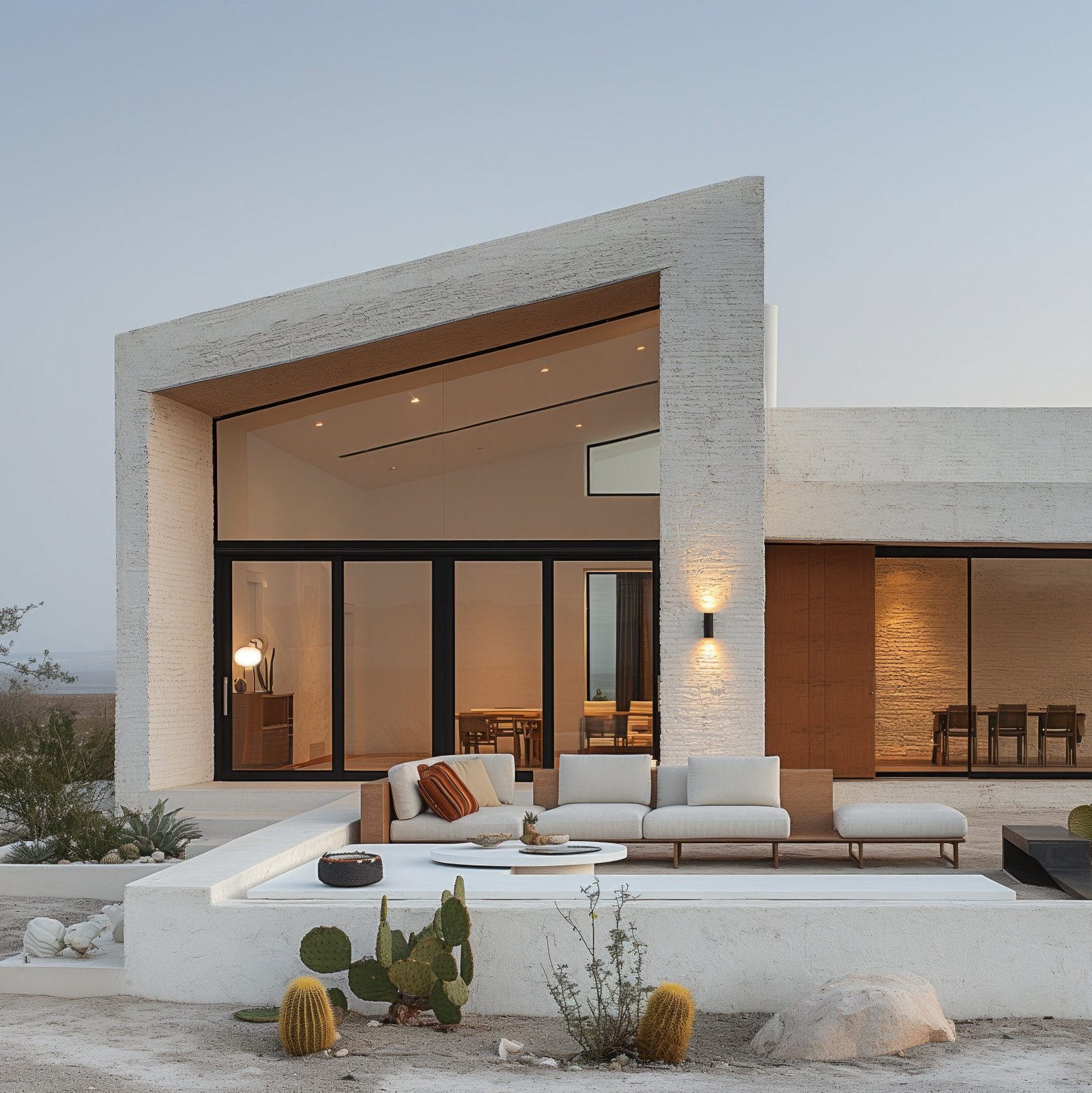 modern minimalist home in a desert landscape, featuring large glass windows and cactus garden.